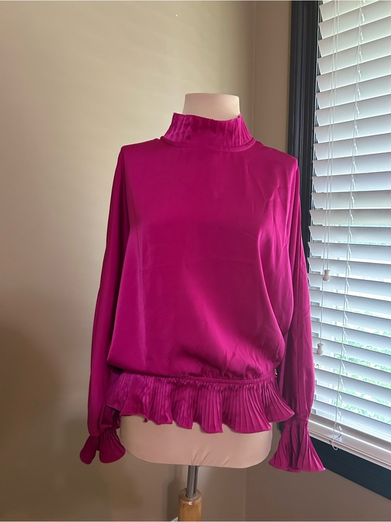 Strut & Bolt Tops - Strut and Bolt Best Behavior Ruffle Fuchsia Pleated Hem Mock Neck Blouse